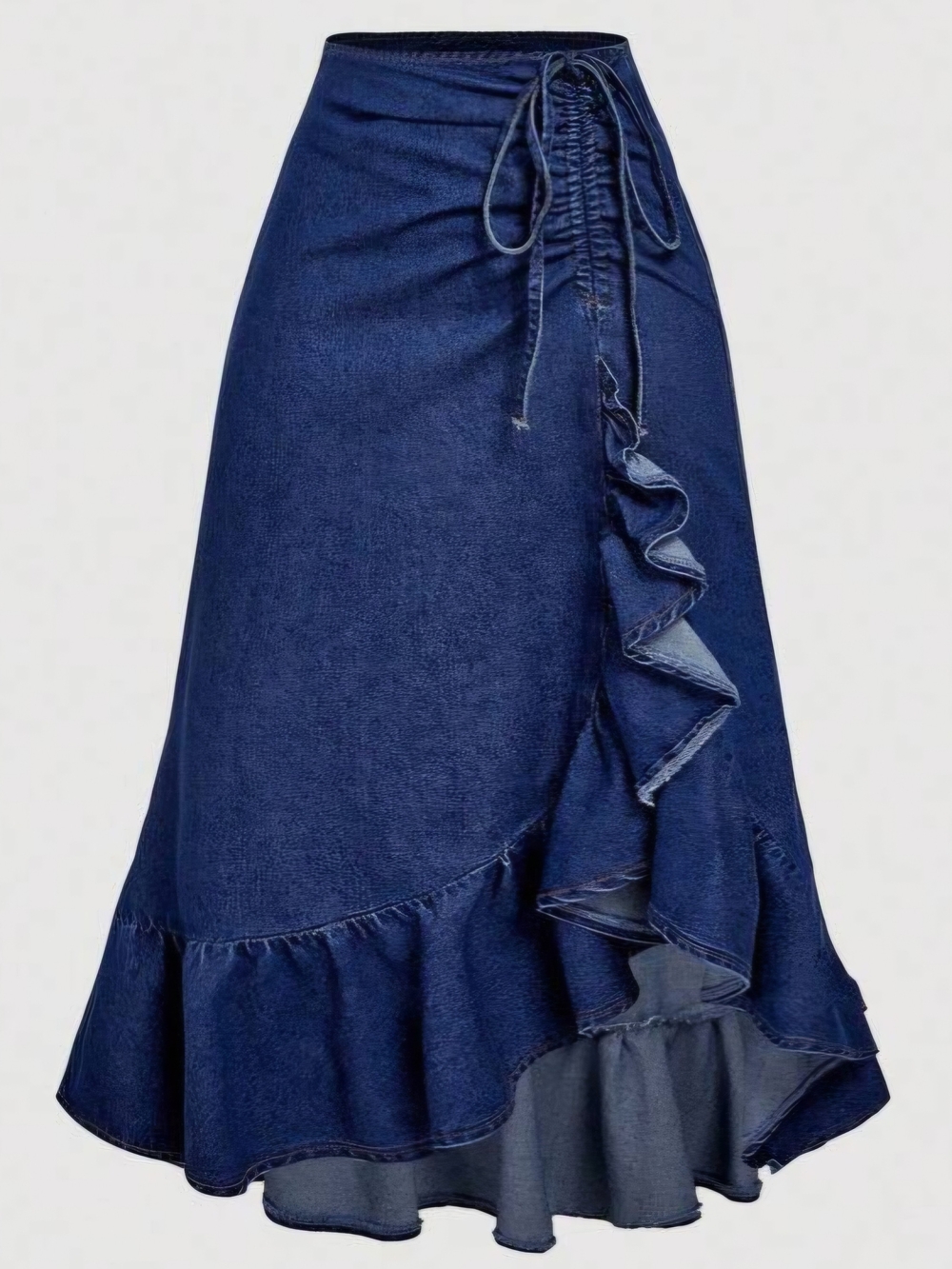 Arrived* Ruffled Wrap Denim High-Low Skirt Sizes S-4 M-6, L-8/10 in Dark Blue